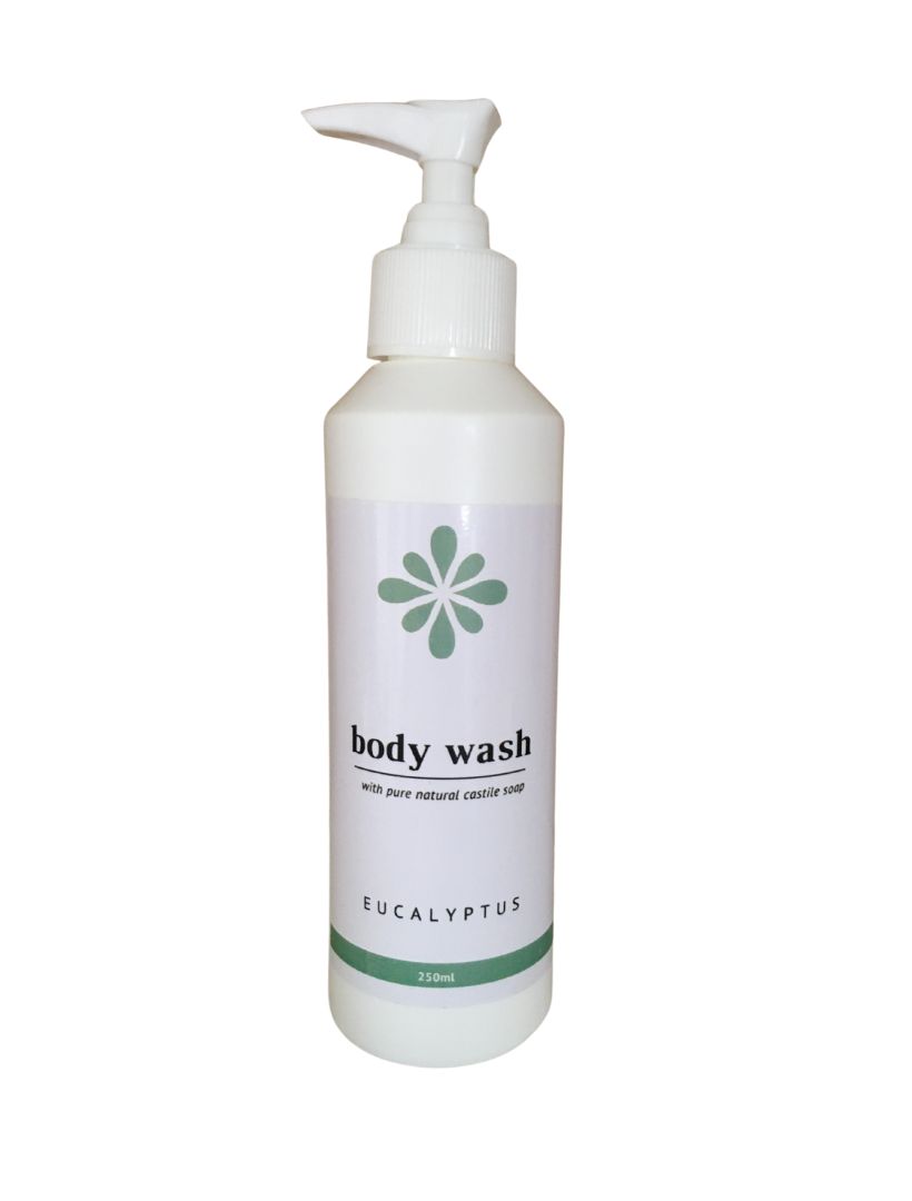 Eucalyptus Bpody Wash a white bottle with a white label